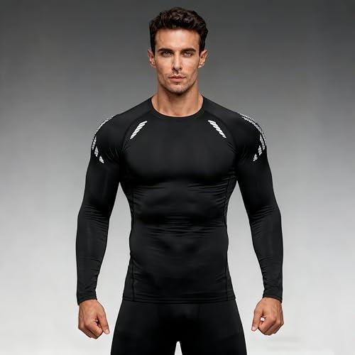 Maglietta a compressione da uomo, a maniche lunghe, ad asciugatura rapida, per sport, atletica, allenamento, maglietta intima, nero, M