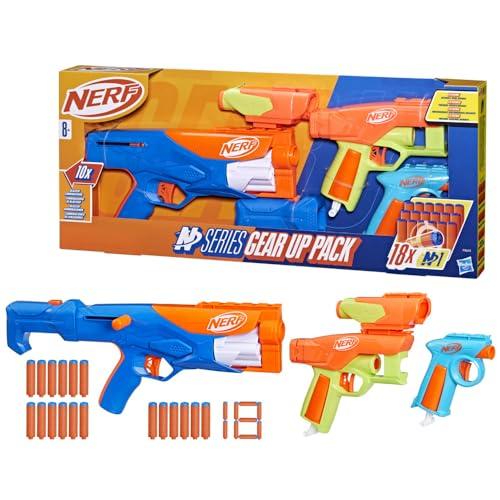Nerf Serie N, Pacchetto di equipaggiamento, confezione da 3 blaster, 18 dardi Nerf N1, compatibile solo con blaster Nerf N Series