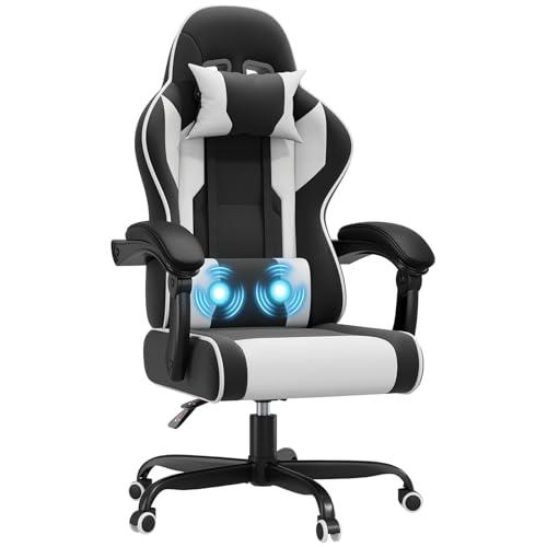 JUMMICO JETSTREAM Poltrona Gaming Ergonomica con Poggiapiedi, Poggiatesta e Massaggio, Bianco e Nero