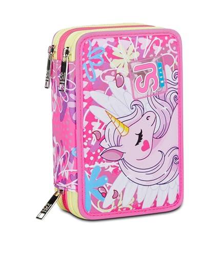 SJ Gang Astuccio Scuola 3 Zip, Rosa, UnicornLed, Portapenne Triplo Scomparto Completo Di Penne, Matite, Colori, Accessori Zaino, Elementari, Medie, Bambina