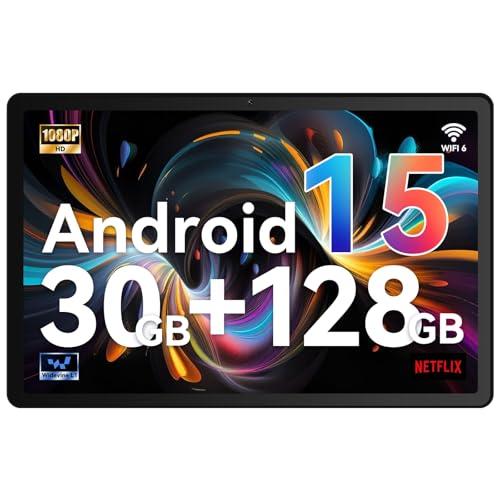 Whitedeer Tablet Android 15, 10 Pollici, 30GB RAM, 128GB ROM, WiFi 6, Widevine L1, Nero