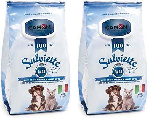 CAMON Salviette Detergenti al Talco per Cani - 2 Confezioni da 100 Pezzi