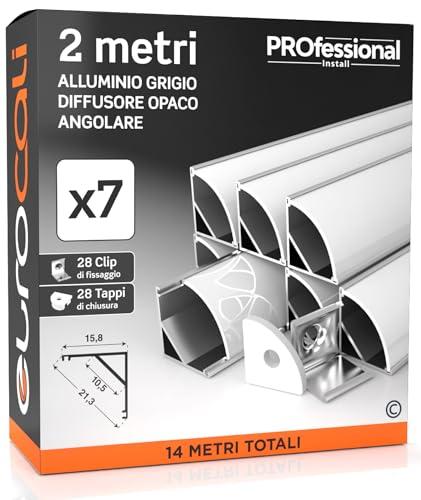 Kit 7x Profili Angolari in Alluminio per Strisce LED, 14 metri totali, Schermatura Opaca, Angolo 45°