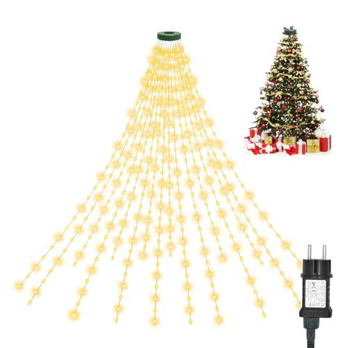 AGOTD Luci Albero di Natale 2,5 m, 16 ghirlande 400 LED, Mantello Luci Albero di Natale 8 modalità, Luci Albero di Natale a Cascata per Interno Esterno, Bianco Caldo