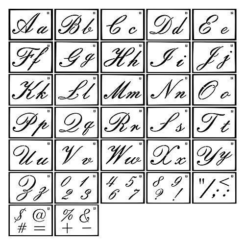 MINGZE 33 Pezzi Stencil Lettera, Alfabeto Modelli, Stencil Alfabeto Riutilizzabile In Plastica Arte Calligrafia Di Lettere Maiuscole E Minuscole, Numeri E Segni