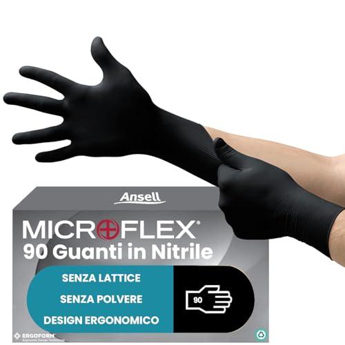 Ansell Microflex 93-732 Guanti Monouso in Nitrile, Senza Lattice ne Polvere, Approvati per Alimenti, Multiuso, Protezione Medica e Industriale, Guanti Monouso, Neri, Taglia XL 100 Guanti, Magro