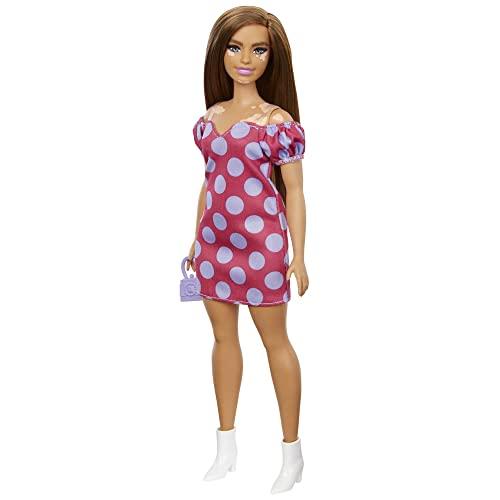 Barbie Fashionistas Bambola Castana con Vitiligine, Vestitino a Pois e Accessori