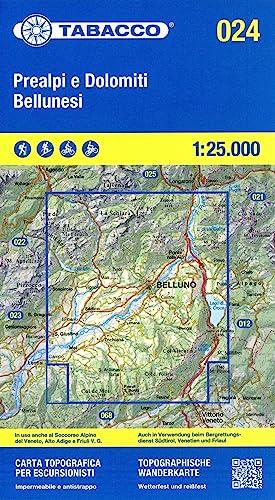 Prealpi e Dolomiti Bellunesi. Carta topografica in scala 1:25.000, antistrappo, impermeabile, fotodegradabile. Ediz. multilingue: Tabacco Wanderkarte 1:25000: 24