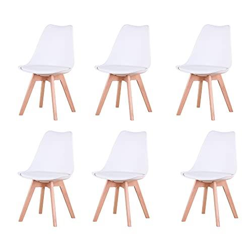 GrandCA HOME Set di 6 Sedie Imbottite Bianche con Gambe in Legno di Faggio