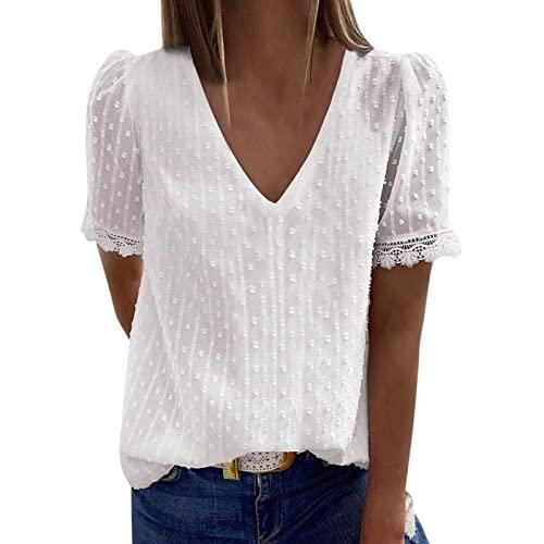 Loalirando Camicia Donna Manica Corta Pizzo - Blusa Elegante Scollo V