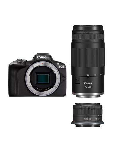 Canon EOS R50 APS-C Mirrorless + RF-S 18-45 + 75-300mm Kit Doppio Zoom (24,2 Mp,- Fino a 15fps, DIGIC X, Video 4K UHD Fino 30p, Dual Pixel CMOS Auto Focus II, Disp, Lay Touch Ordinetabile 7,5 cm)