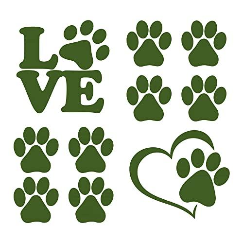 Adesivi Zampe Cane Zampe Cuore Love Zampe 10 Pezzi per Auto o Moto Bici o Monopattino (Verde Militare)