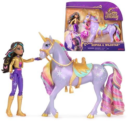 Set Unicorn Academy, Sophia & Wildstar con 2 Accessori Per l'Equitazione e Strumento per lo Styling dei Capelli, Bambole e Unicorni Giocattolo per Bambine, 4+ Anni