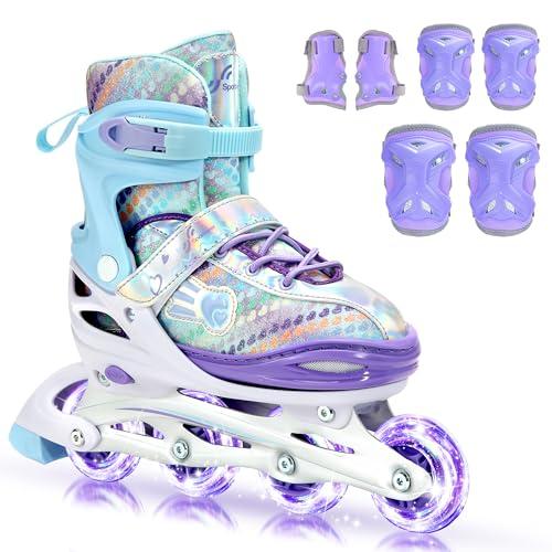 Pattini in linea per bambini 30-41, regolabili, Sportneer in linea con 6 protezioni per bambini, ragazze, donne, 8 LED in linea per bambini, serie arcobaleno