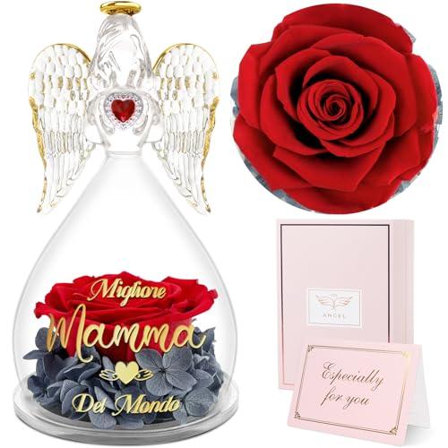 Sunia Festa della Mamma Idee Regalo, Rosa Eterna Angel stampata con Migliore Mamma del Mondo, Miglior Regalo per Mamma, Rose Stabilizzata Vera con Angelo di Vetro, Regali Festa della Mamma Originali