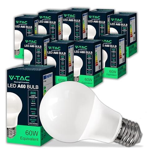 V-TAC 10x Lampadine LED con Attacco E27 8,5W (Equivalenti a 60W) A60 - Luce Bianca Calda 3000K