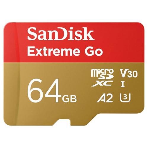 SanDisk 64GB Extreme Go scheda microSDXC + adattatore SD (per smartphones e Tablet Android, Action Cam, Drones, UHS-I, fino a 200 MB/s, 5K, 4K, UHD, V30, Rescue PRO Deluxe, Class 10, U3) per Amazon