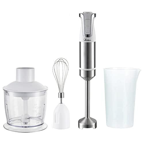 ARDES - ARSET01 TRINITY Frullatore a Immersione 3 in 1 - Minipimer Immersione Tritatutto e Frusta con Motore Professionale - Mixer Cucina con Gambo 21 cm 4 Lame Acciaio Inox - Frullatore 2 Velocità