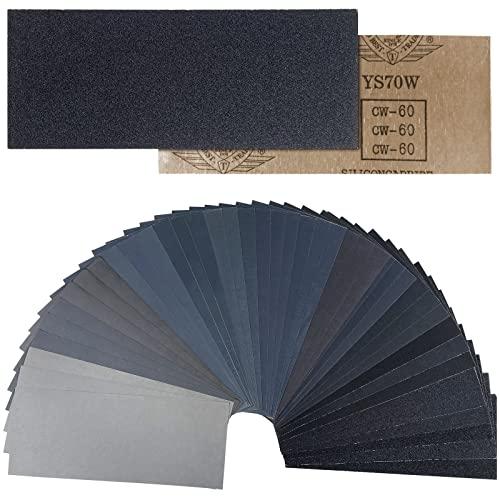 Mesybveo 42 Pezzi Carta Abrasiva, 23 x 9 cm Carta Vetrata per Carrozzeria Grana da 60 a 5000, Levigatura a Secco e Umido Sandpaper, Carta Vetrata per Muro, Metallo, Legno, Pareti, Automobili