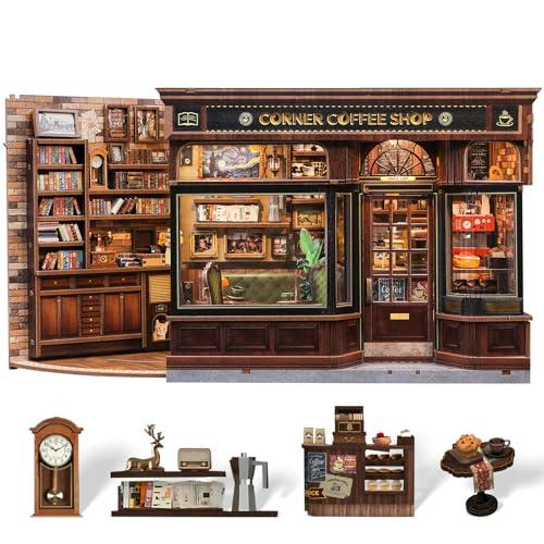 CUTEBEE Book Nook Kit - Casa Prefabbricata Miniature DIY House 3D Puzzle in Legno con Design Caffetteria | Modellismo Creativo per Adulti | Regalo Perfetto per Book Lovers (Corner Coffee Shop)