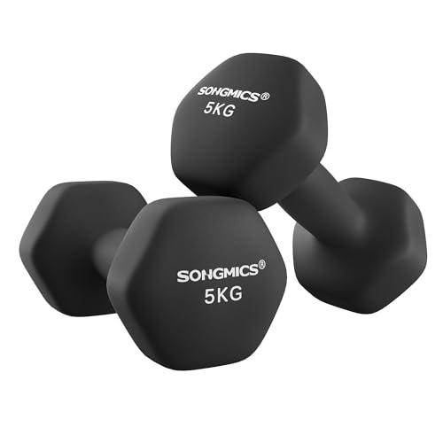 SONGMICS Set di 2 Manubri, 2 x 5 kg, Manubri Esagonale con Superficie in Vinile, per Fitness, Esercizio, Addestramento, per Palestro in Casa, Nero Inchiostro SYL60BK