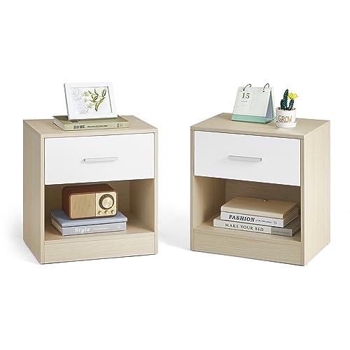 VASAGLE Set di 2 Comodini Beige Naturale e Bianco Classico