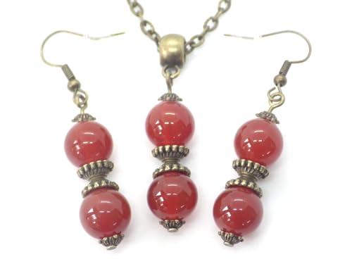 Set Collana e Orecchini Corniola Rossa e Bronzo Stile Vintage