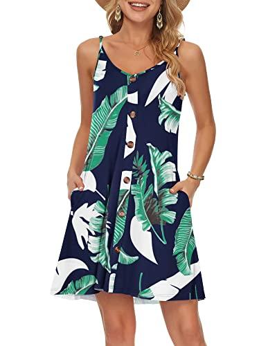 WNEEDU Abito Estivo Donna Vestito Spiaggia Cinturino Spaghetti Copricostume Abiti Casual Corto Prendisole con Scollo a V Tasche Stampa Blu L