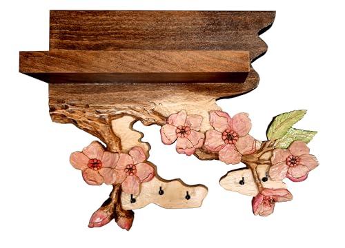 Portachiavi da muro in legno con mensola e ramo di ciliegio