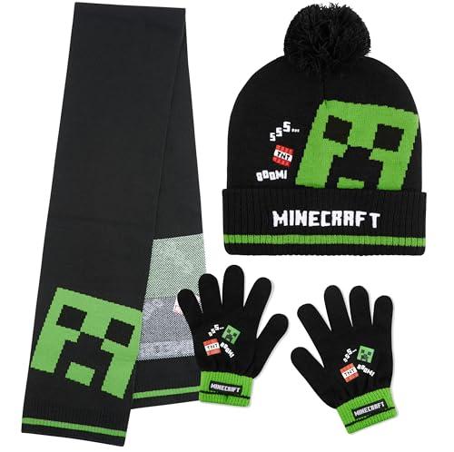 Minecraft Berretto Invernale Bambino Set con Cappello e Guanti o Cappellino, Guanti con Sciarpa, Creeper Regalo Ragazzo (6-14 Anni, Nero Minecraft, 3 Pezzi)