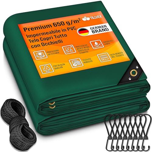 tillvex® Telone di Copertura 650 g/m² Impermeabile e Antistrappo con Occhielli, Elastici e Corda