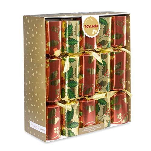 Toyland 10 x Deluxe Grandi Cracker di Natale - Rosso, Verde e Oro con Design di Agrifoglio