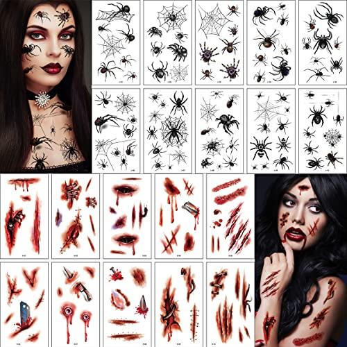 20 Fogli Tatuaggi Temporanei Halloween: Cicatrici, Ragni e Sangue Finto per Cosplay e Feste a Tema