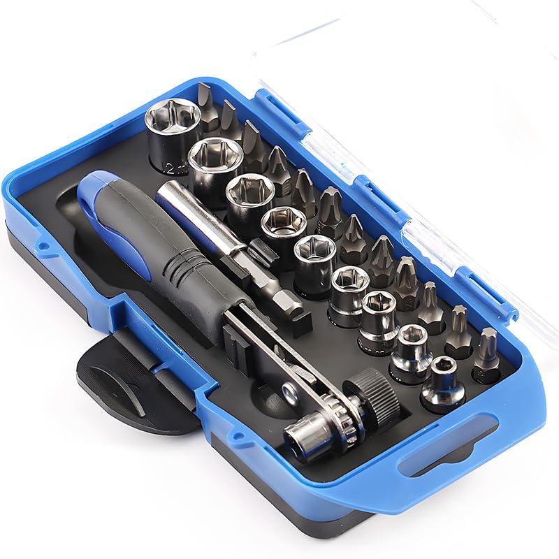 Set di 23 Cacciaviti a Cricchetto con Impugnatura a Sgancio Rapido e Chiave per Trapano