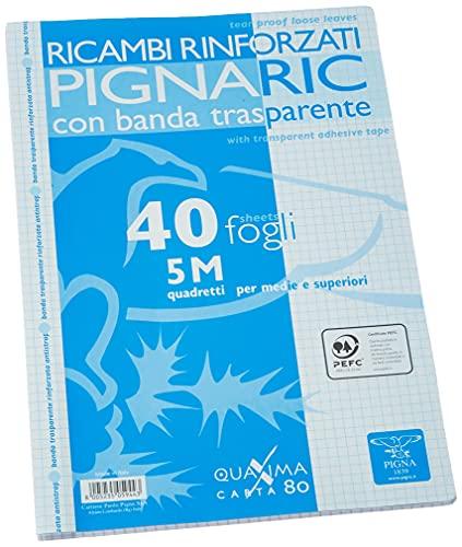 Pigna 02194595M, Ricambi forati rinforzati, Rigatura 5M, quadretti 5 mm, Carta 80g/mq, Pacco da 40 Fogli