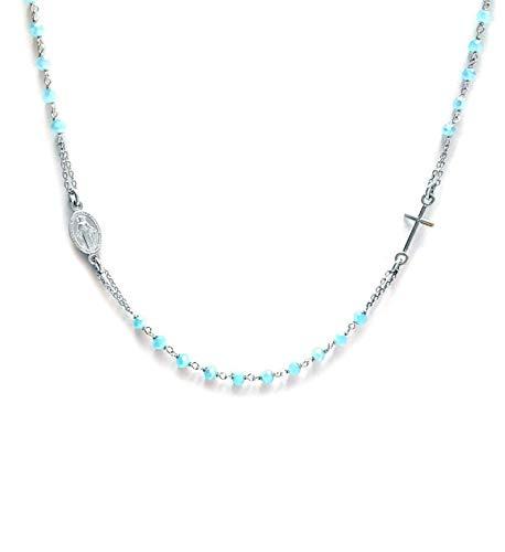 Collana Rosario Girocollo in Argento 925 con Pietre Azzurre, Croce e Medaglietta Madonna - Made in Italy