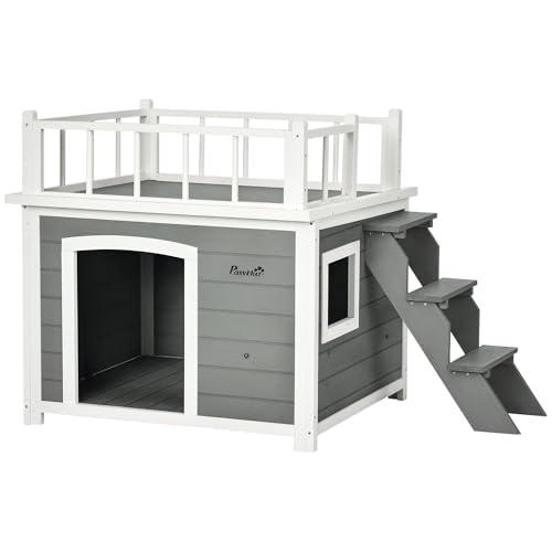 Pawhut Casetta per Cani di Piccola e Media Taglia con Terrazza, Scaletta e Finestra,121x77x78cm, Grigio chiaro