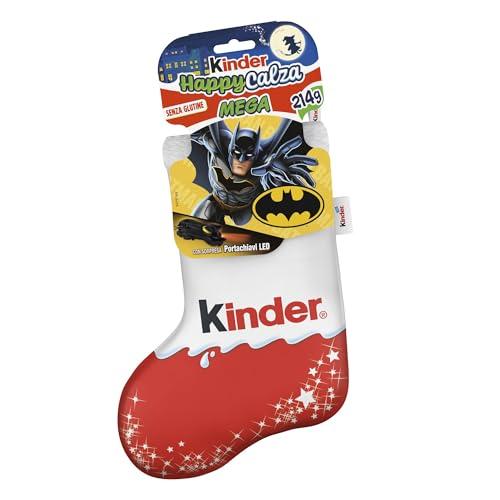 Kinder Calza della Befana Batman, 16 Snack Dolci al Cioccolato Assortiti, il Portachiavi Led e il Sacco Befana di Batman, Idea Regalo, Confezione da 214 gr