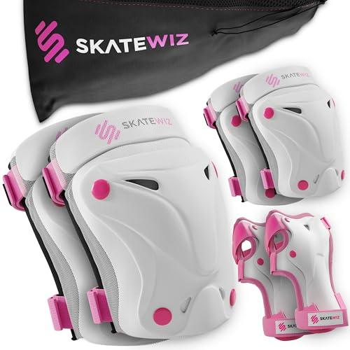 SKATEWIZ Polsiere Pattinaggio Adulto - Protezioni Complete per Pattinaggio, Skateboard, BMX e Roller - Taglia L Rosa