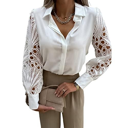 Loalirando Camicia Donna con Manica Lunga in Pizzo Blusa Elegante con Scollo a V Sexy Camicetta da Ufficio Tinta Unita Casual