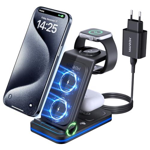 3 in 1 Stazione Ricarica per iPhone 15/14/13/12/XS/X/8 serie,MANKIW Caricabatterie Wireless per i-Watch 8/Ultra/7/6/SE/5/4/3/2, per Air Pods 3/Pro 2