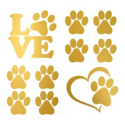 Confezione Adesivi Zampe Cane Zampe Cuore Love Zampe 10 Pezzi per Auto o Moto Bici o Monopattino (Oro Specchio)