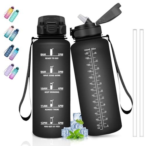 Borraccia Motivazionale con Cannuccia e Scala Temporale - 1.5 Litri, Nera