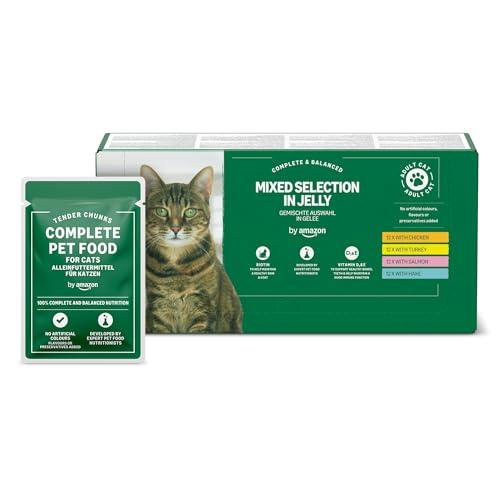 by Amazon Alimento completo senza cereali per gatti adulti, selezione mista in gelatina, 4,8 kg (48 confezioni da 100 g)