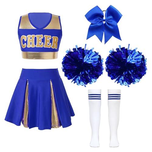 Inhzoy Vestito Cheer-Leader con Pon Pon: Costume per Bambina, Divisa Cheerleading, Festa di Carnevale, Halloween