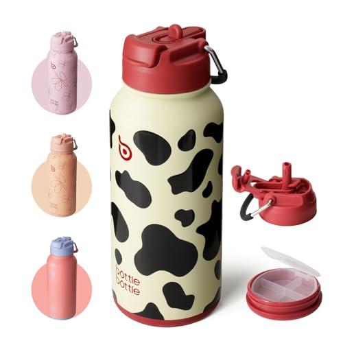BOTTLE BOTTLE Borraccia Termica in Acciaio Inox con Cannuccia e Portapillole - Design Mucca