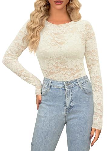 Maglia da donna, in pizzo trasparente, a rete, sexy, a maniche lunghe, con motivo floreale trasparente, Y2K Rave, Beige01, XL