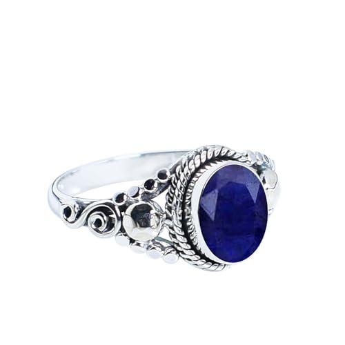 Anello in Argento Sterling 925 con Zaffiro Blu Naturale - Stile Bohémien, Misura 8
