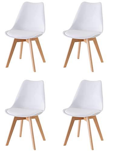 Baroni Home Set 4 Sedie Design Nordico Bianco con Gambe in Legno di Faggio