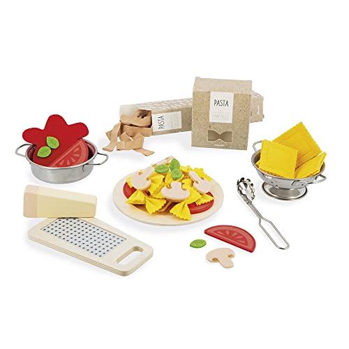 Janod - Pasta Mix - Set di Pasta - Giocattolo Imitazione Cucina e Ristorante - 58 Elementi in Legno, Cartone, Feltro - Certificato FSC - Vernice ad Acqua - Dai 3 Anni